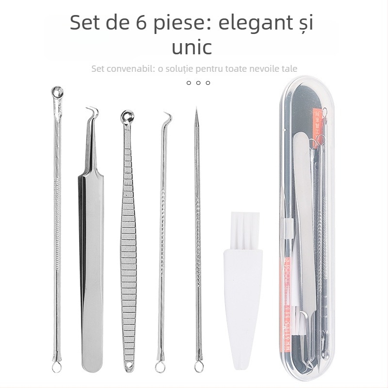 Set de 6 ace pentru acnee, din oțel inoxidabil — include ace pentru puncte negre, pensetă și clips pentru acnee
