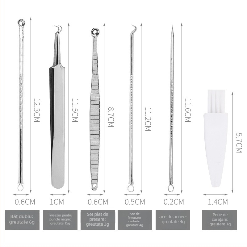 Set de 6 ace pentru acnee, din oțel inoxidabil — include ace pentru puncte negre, pensetă și clips pentru acnee