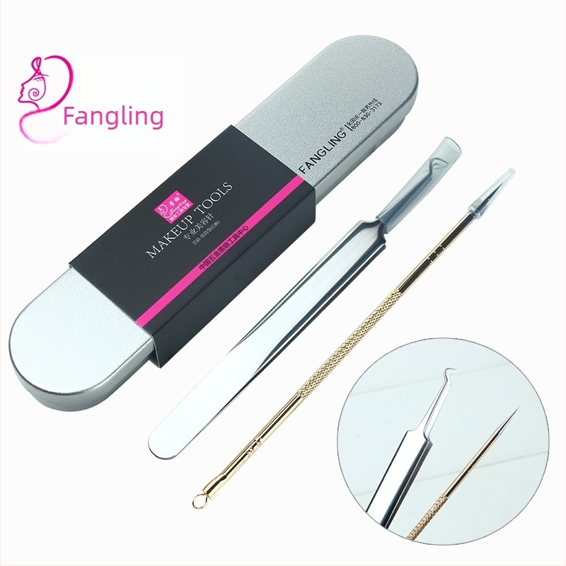 Fangling age set de instrumente pentru acnee din oțel inoxidabil, 2 piese, într-o cutie metalică
