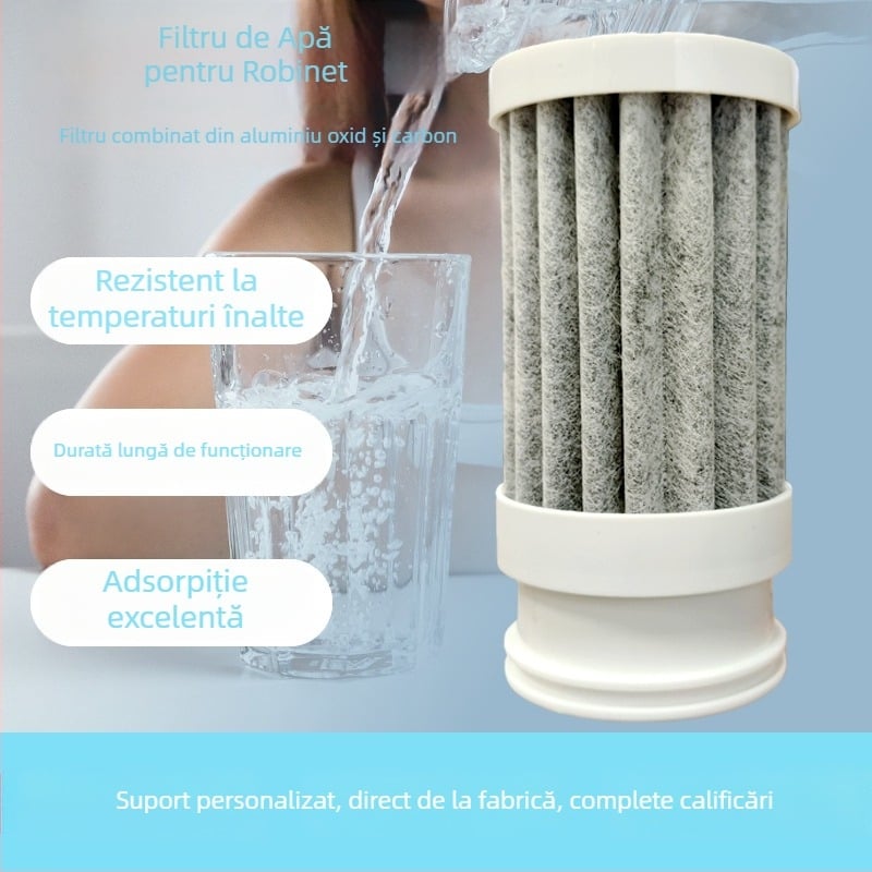 Element de filtrare a apei pentru robinet cu carbon sinterizat, fibre PP și carcasă ABS; debit 2 L/min; model universal; destinat recipientului frontal de filtrare pentru robinet; elimină metalele grele.