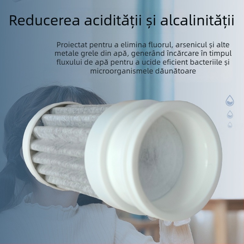 Element de filtrare a apei pentru robinet cu carbon sinterizat, fibre PP și carcasă ABS; debit 2 L/min; model universal; destinat recipientului frontal de filtrare pentru robinet; elimină metalele grele.