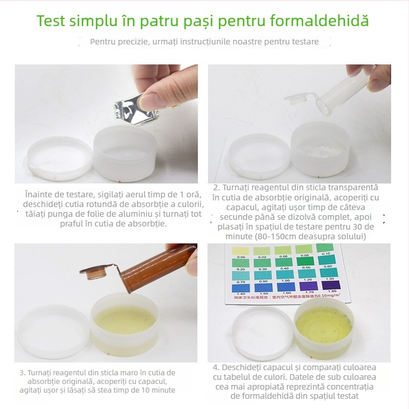 Kit auto-test formaldehidă – calitatea aerului interior, uz casnic, casă nouă, reagente de test; interval măsură 0.01–0.50; precizie 0.01; obiect măsurat: aer