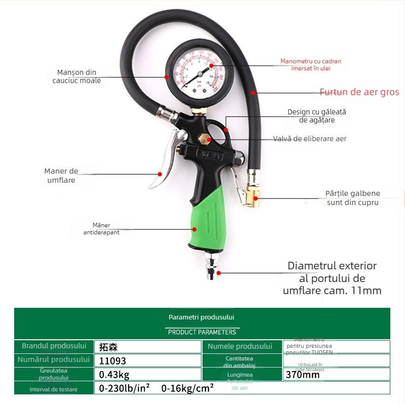Topson manometru pentru anvelope cu inflator încorporat, manometru mecanic, 0-230 PSI/BAR