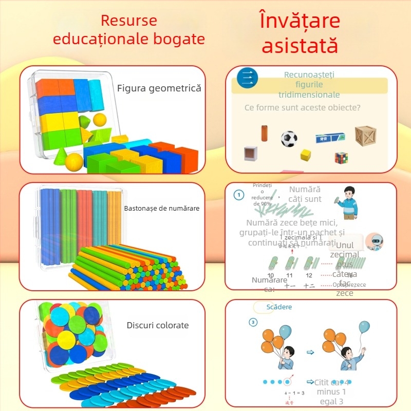 Set de materiale didactice din lemn pentru clasa I și II – Tangram, bețișoare de numărare, model de ceas, cutie de învățare, volumul 1–2 (marca Youcai)