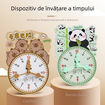 Model de ceas educațional pentru învățarea timpului – din carton/plastic, destinat copiilor 7–14 ani; ambalaj în sacoșă de plasă; stimulează dezvoltarea intelectuală, învățarea practică și jocul interactiv.