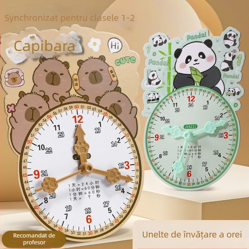 Model de ceas educațional pentru învățarea timpului – din carton/plastic, destinat copiilor 7–14 ani; ambalaj în sacoșă de plasă; stimulează dezvoltarea intelectuală, învățarea practică și jocul interactiv.