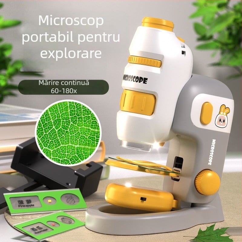 Microscop pentru copii 3 în 1, compact, din plastic, pentru activități DIY, ambalaj în cutie colorată, destinat copiilor 4–6 ani, educație în biologie/chimie (plastic; DIY; cutie colorată; 4–6 ani; biologie/chimie)
