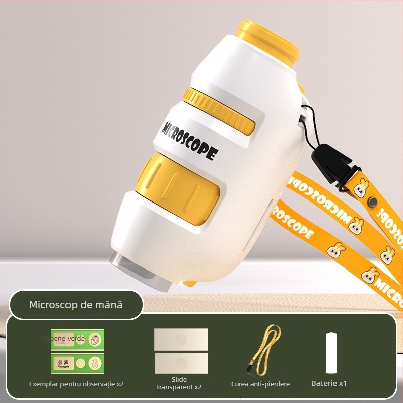 Microscop pentru copii 3 în 1, compact, din plastic, pentru activități DIY, ambalaj în cutie colorată, destinat copiilor 4–6 ani, educație în biologie/chimie (plastic; DIY; cutie colorată; 4–6 ani; biologie/chimie)