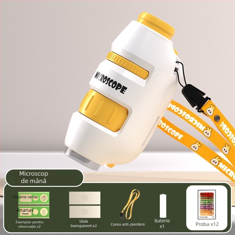 Microscop pentru copii 3 în 1, compact, din plastic, pentru activități DIY, ambalaj în cutie colorată, destinat copiilor 4–6 ani, educație în biologie/chimie (plastic; DIY; cutie colorată; 4–6 ani; biologie/chimie)