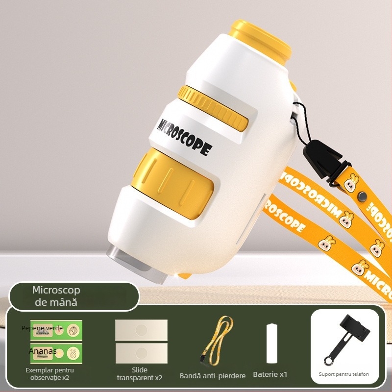 Microscop pentru copii 3 în 1, compact, din plastic, pentru activități DIY, ambalaj în cutie colorată, destinat copiilor 4–6 ani, educație în biologie/chimie (plastic; DIY; cutie colorată; 4–6 ani; biologie/chimie)