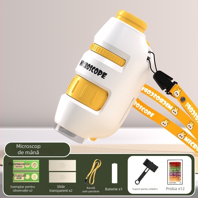 Microscop pentru copii 3 în 1, compact, din plastic, pentru activități DIY, ambalaj în cutie colorată, destinat copiilor 4–6 ani, educație în biologie/chimie (plastic; DIY; cutie colorată; 4–6 ani; biologie/chimie)