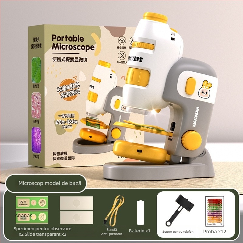 Microscop pentru copii 3 în 1, compact, din plastic, pentru activități DIY, ambalaj în cutie colorată, destinat copiilor 4–6 ani, educație în biologie/chimie (plastic; DIY; cutie colorată; 4–6 ani; biologie/chimie)