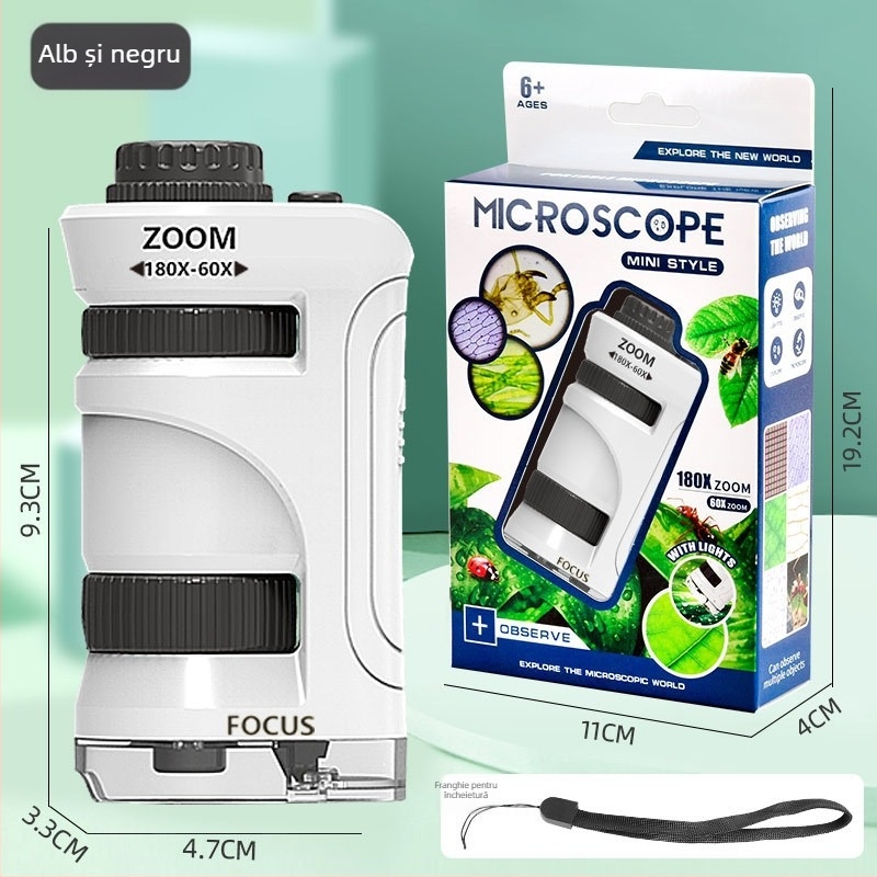 Set portabil cu microscop de mână și lupă, pentru experimente de biologie și chimie, construcție din plastic, non-electric, multifuncțional, pentru vârsta 7–14 ani