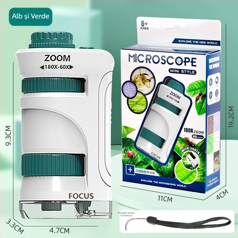 Set portabil cu microscop de mână și lupă, pentru experimente de biologie și chimie, construcție din plastic, non-electric, multifuncțional, pentru vârsta 7–14 ani