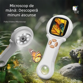 Microscop pentru copii cu ecran – Set complet de experimente științifice, electric, material ABS, pentru vârsta 7–14 ani, cod produs 3171