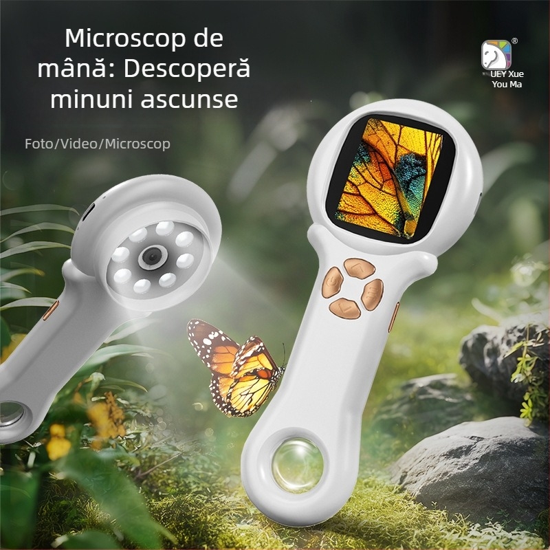 Microscop pentru copii cu ecran – Set complet de experimente științifice, electric, material ABS, pentru vârsta 7–14 ani, cod produs 3171