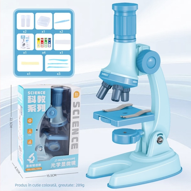 Microscop pentru copii 1200x mărire – set de experimente de biologie pentru 7–14 ani, plastic, ne-electric, prietenos DIY