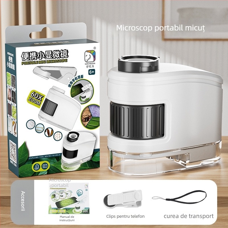 Microscop optic portabil cu lupă — Jucărie educațională științifică pentru copii 7–14 ani, Learn from Yuma, Plastic, Certificare 3C 2021152202038574