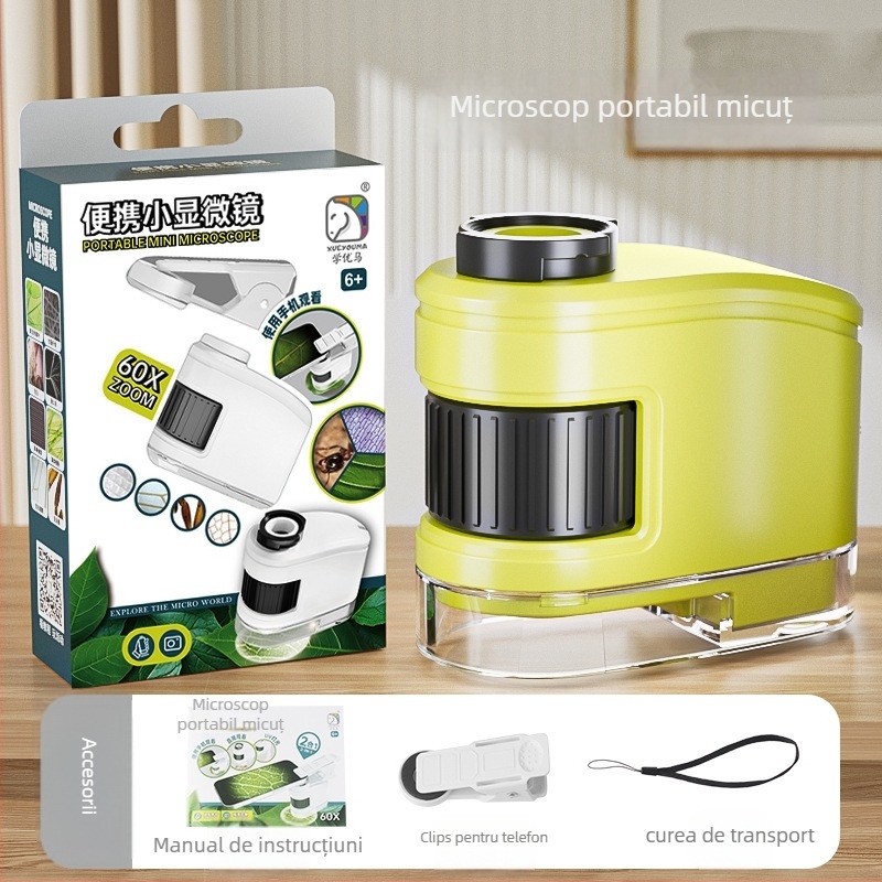 Microscop optic portabil cu lupă — Jucărie educațională științifică pentru copii 7–14 ani, Learn from Yuma, Plastic, Certificare 3C 2021152202038574