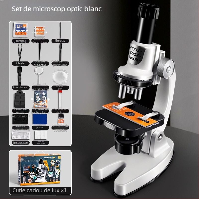 Microscop pentru biologie/chimie – jucărie educațională științifică, DIY, ghid video, pentru copii 4–6 ani