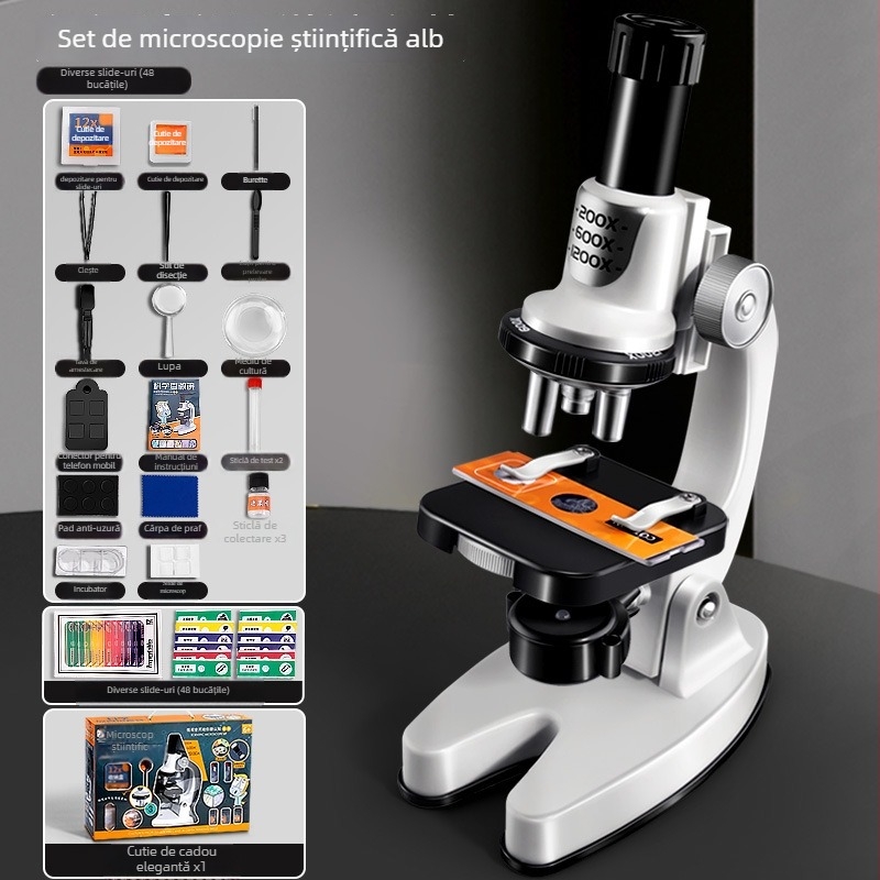 Microscop pentru biologie/chimie – jucărie educațională științifică, DIY, ghid video, pentru copii 4–6 ani