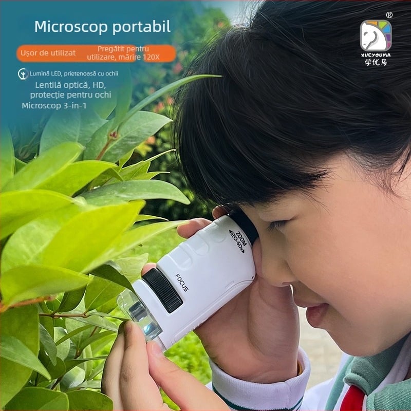 Set portabil de microscop pentru experimente științifice — manual, plastic, jucărie educațională biologie/chimie pentru copii 7–14 ani (manual, plastic, biologie/chimie, 7–14 ani)