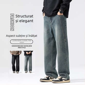 Blugi bărbați croială dreaptă, picioare largi, talie medie, închidere cu nasturi, amestec de bumbac (60% bumbac, 24,5% poliester, 15,5% poliester reciclat)