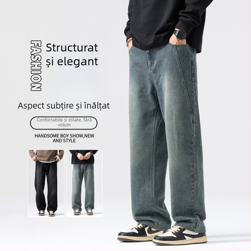 Blugi bărbați croială dreaptă, picioare largi, talie medie, închidere cu nasturi, amestec de bumbac (60% bumbac, 24,5% poliester, 15,5% poliester reciclat)