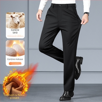 Pantaloni bărbați drepti din amestec mătase-lână cu elastan, catifea groasă de iarnă, fără călcat, decor metalic