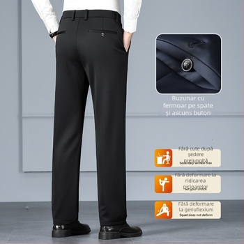 Pantaloni bărbați drepti din amestec mătase-lână cu elastan, catifea groasă de iarnă, fără călcat, decor metalic