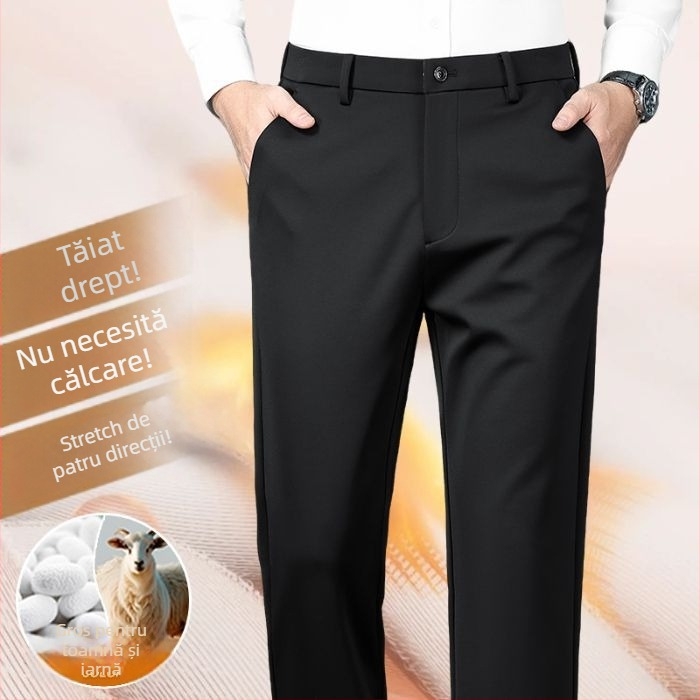 Pantaloni bărbați drepti din amestec mătase-lână cu elastan, catifea groasă de iarnă, fără călcat, decor metalic