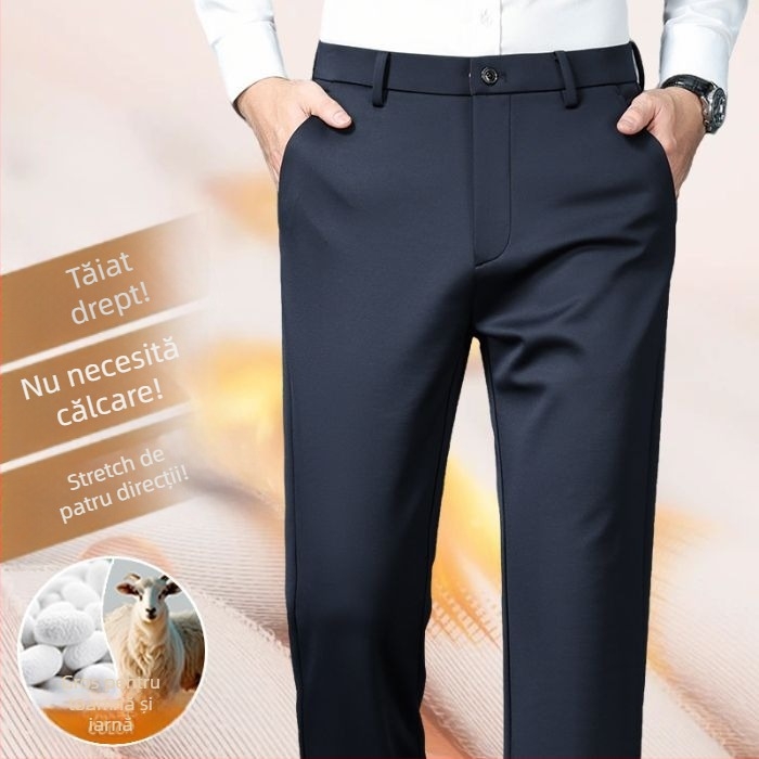 Pantaloni bărbați drepti din amestec mătase-lână cu elastan, catifea groasă de iarnă, fără călcat, decor metalic