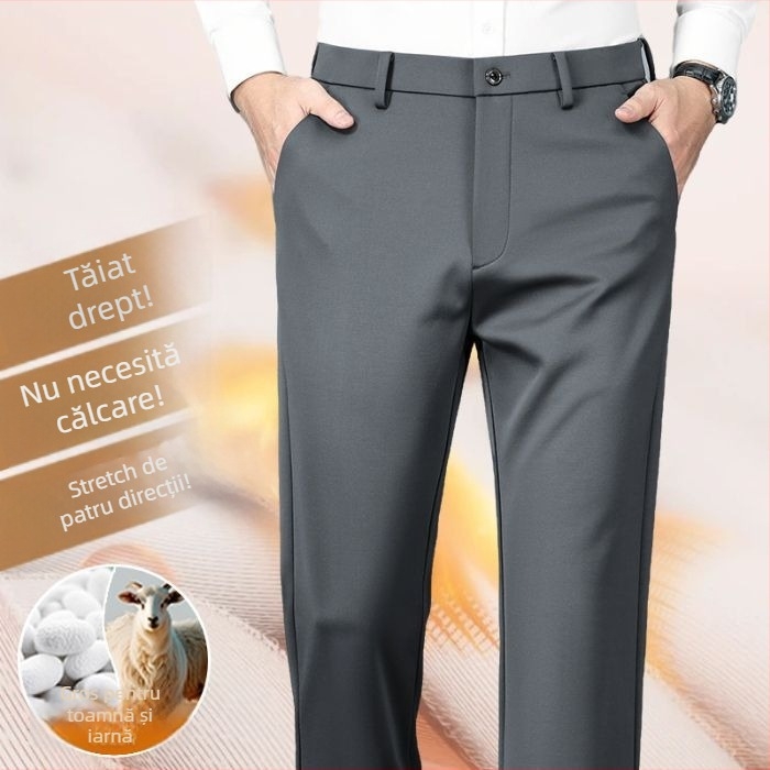 Pantaloni bărbați drepti din amestec mătase-lână cu elastan, catifea groasă de iarnă, fără călcat, decor metalic