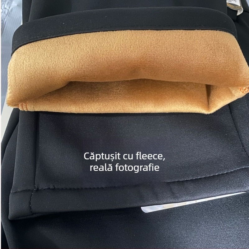 Pantaloni bărbați drepti din amestec mătase-lână cu elastan, catifea groasă de iarnă, fără călcat, decor metalic