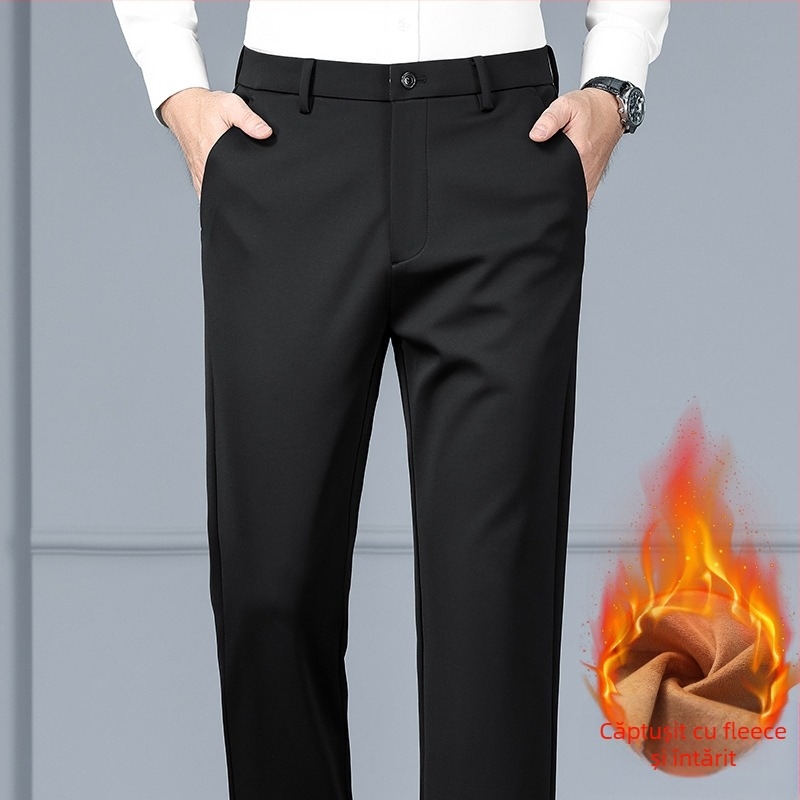 Pantaloni bărbați drepti din amestec mătase-lână cu elastan, catifea groasă de iarnă, fără călcat, decor metalic