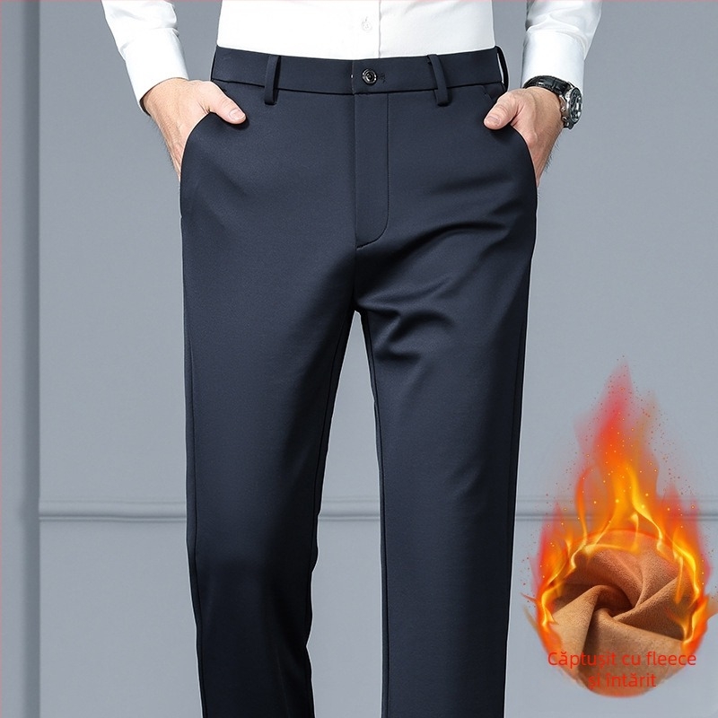 Pantaloni bărbați drepti din amestec mătase-lână cu elastan, catifea groasă de iarnă, fără călcat, decor metalic