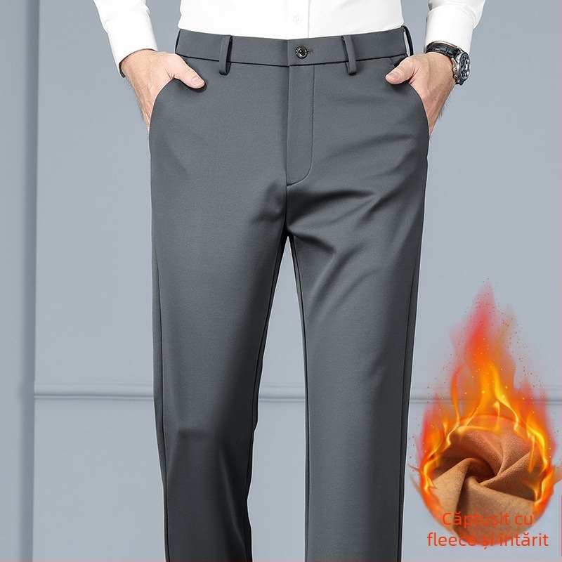 Pantaloni bărbați drepti din amestec mătase-lână cu elastan, catifea groasă de iarnă, fără călcat, decor metalic