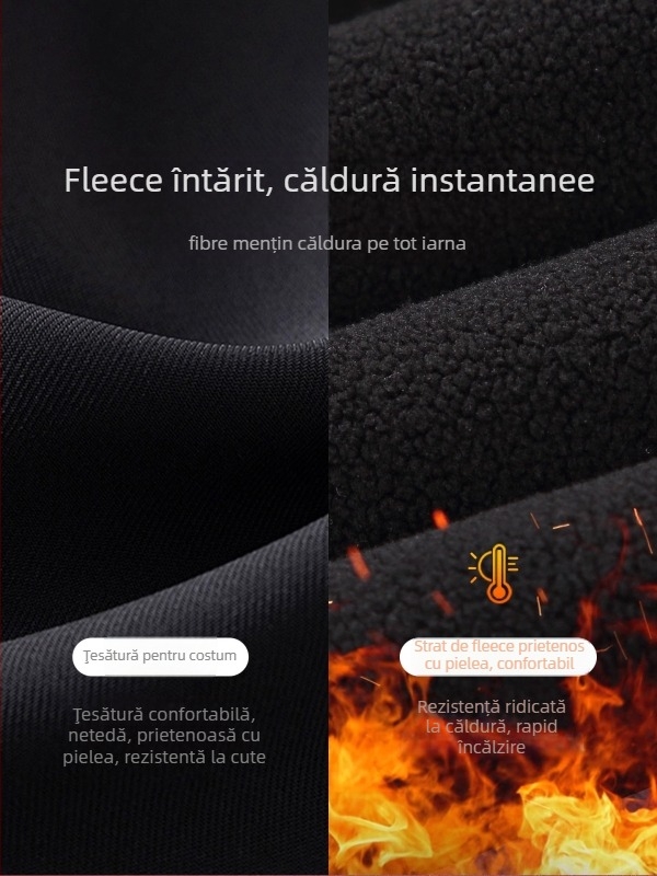 Pantaloni casual pentru bărbați, cu fleece pe căptuire, croială dreaptă, talie medie, închidere cu nasture, material poliester