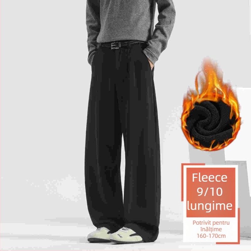 Pantaloni casual pentru bărbați, cu fleece pe căptuire, croială dreaptă, talie medie, închidere cu nasture, material poliester