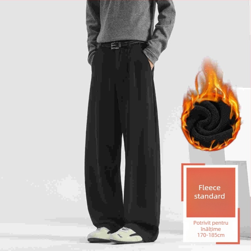 Pantaloni casual pentru bărbați, cu fleece pe căptuire, croială dreaptă, talie medie, închidere cu nasture, material poliester