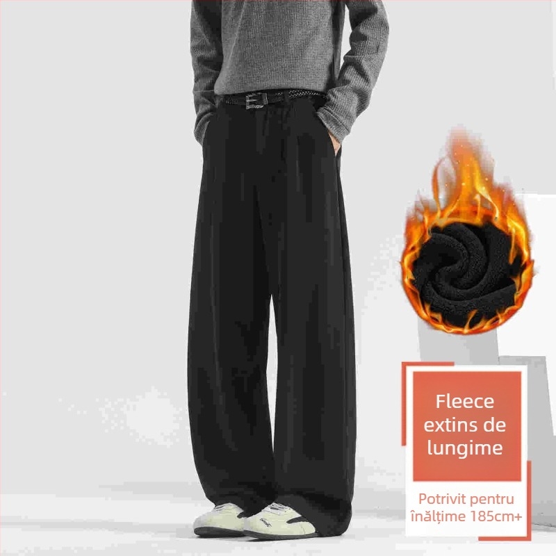 Pantaloni casual pentru bărbați, cu fleece pe căptuire, croială dreaptă, talie medie, închidere cu nasture, material poliester