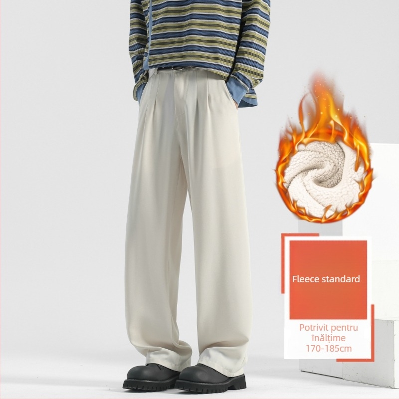 Pantaloni casual pentru bărbați, cu fleece pe căptuire, croială dreaptă, talie medie, închidere cu nasture, material poliester