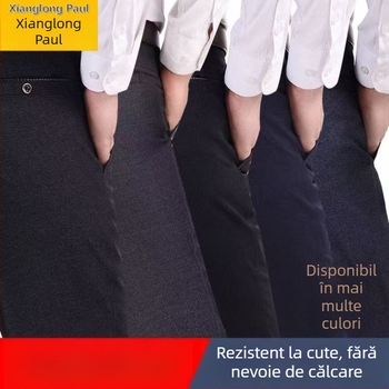 Pantaloni bărbați croiți drept, talie înaltă, țesătură de iarnă din bumbac/poliester-bumbac, micro-elastic, casual
