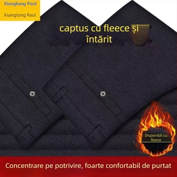 Pantaloni bărbați croiți drept, talie înaltă, țesătură de iarnă din bumbac/poliester-bumbac, micro-elastic, casual