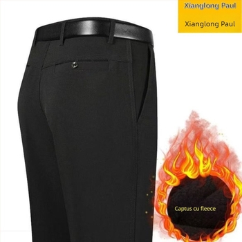 Pantaloni bărbați croiți drept, talie înaltă, țesătură de iarnă din bumbac/poliester-bumbac, micro-elastic, casual