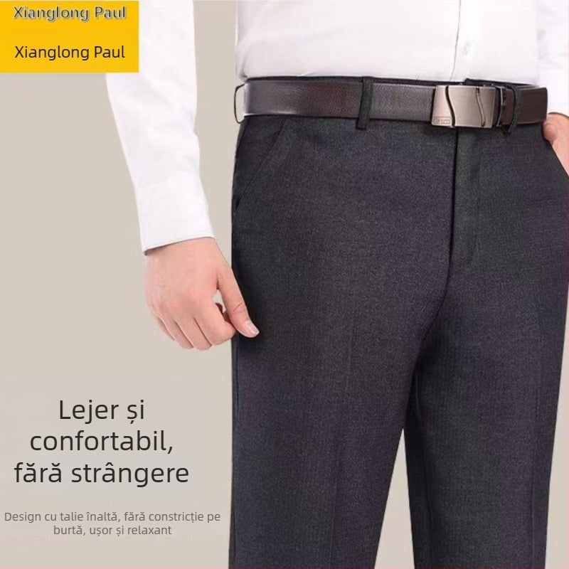 Pantaloni bărbați croiți drept, talie înaltă, țesătură de iarnă din bumbac/poliester-bumbac, micro-elastic, casual