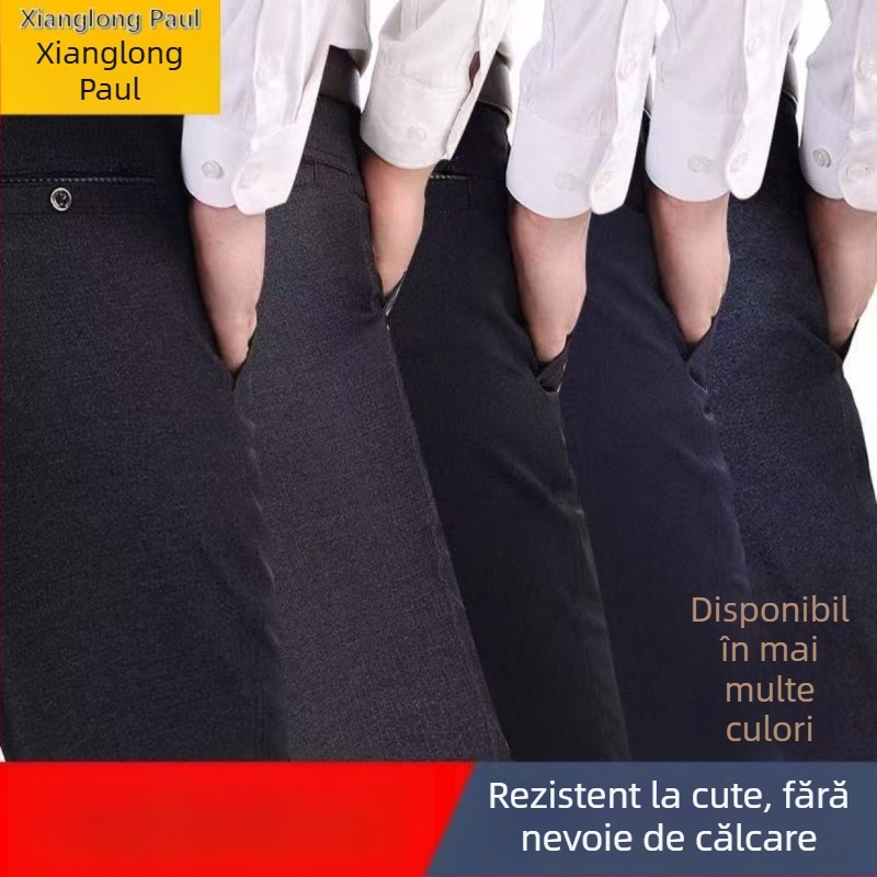 Pantaloni bărbați croiți drept, talie înaltă, țesătură de iarnă din bumbac/poliester-bumbac, micro-elastic, casual