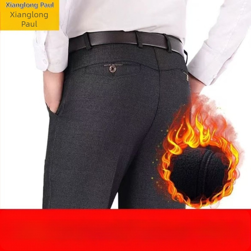 Pantaloni bărbați croiți drept, talie înaltă, țesătură de iarnă din bumbac/poliester-bumbac, micro-elastic, casual