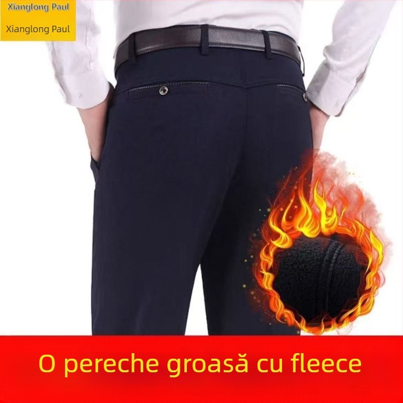 Pantaloni bărbați croiți drept, talie înaltă, țesătură de iarnă din bumbac/poliester-bumbac, micro-elastic, casual