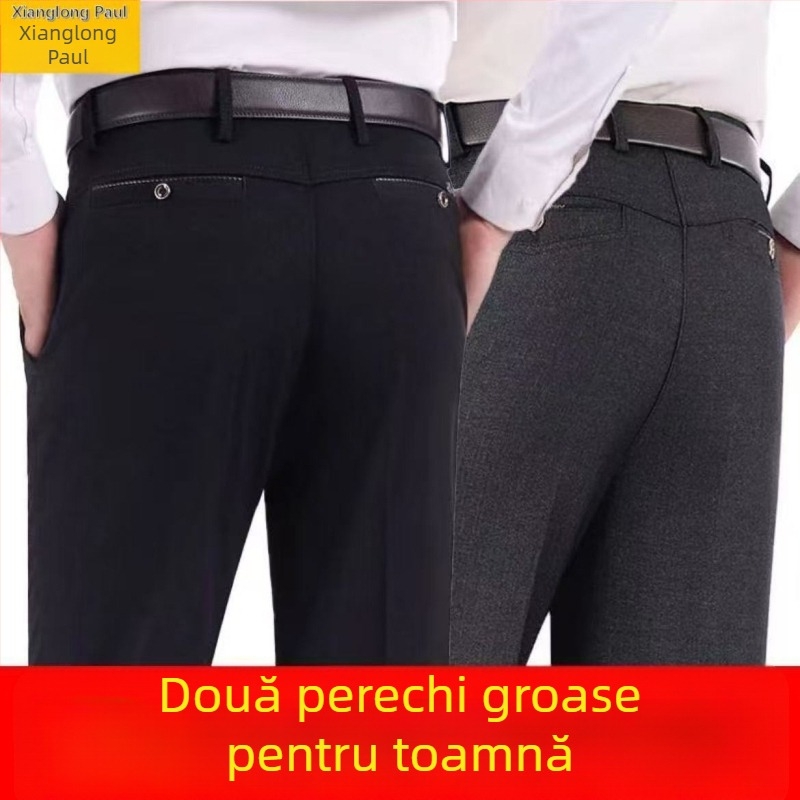 Pantaloni bărbați croiți drept, talie înaltă, țesătură de iarnă din bumbac/poliester-bumbac, micro-elastic, casual
